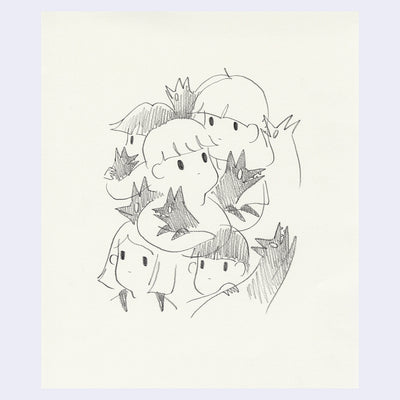 Pencil drawing of many children, positioned together and all holding dogs.