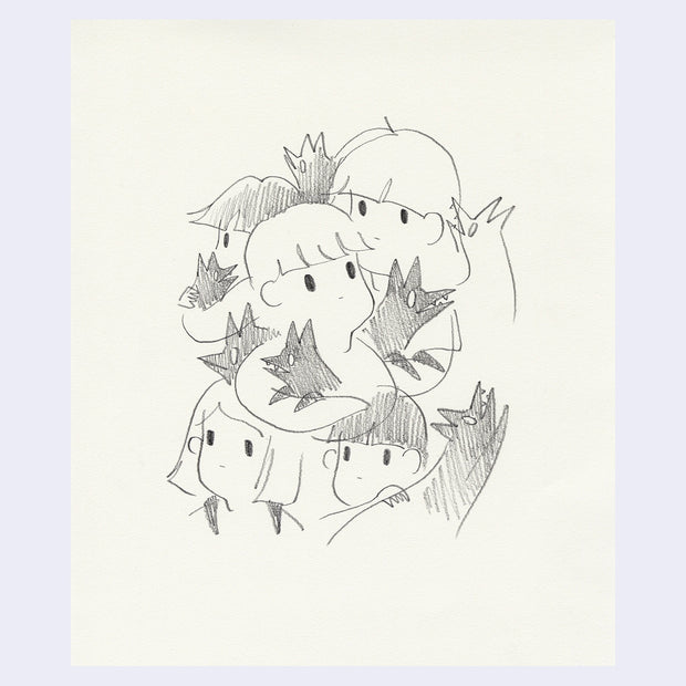 Pencil drawing of many children, positioned together and all holding dogs.