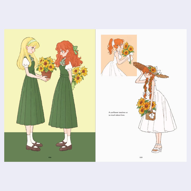 Open 2 page excerpt featuring 2 illustrations: 2 girls wearing green dresses and holding sunflowers, and a girl in a white dress holding a bag of sunflowers.