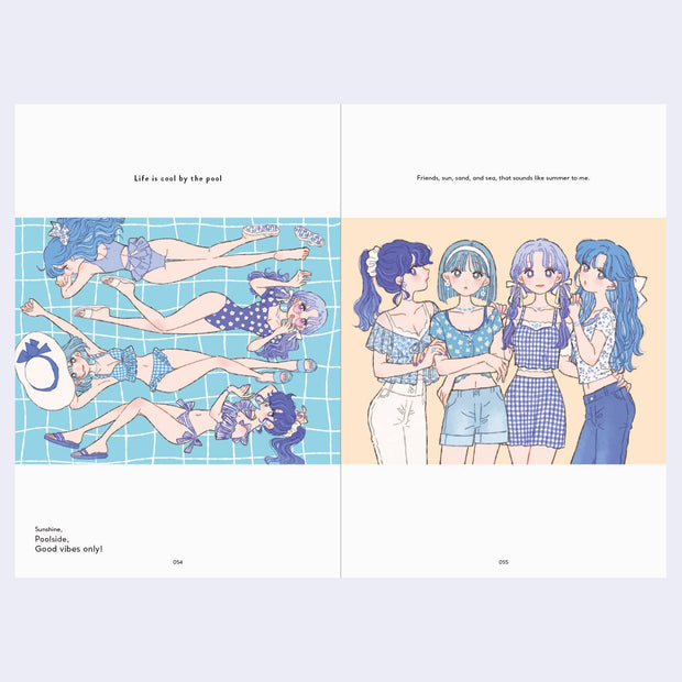 Open 2 page excerpt featuring 2 illustrations: First is of 4 girls in fashionable blue swimwear, laying down on a grid pattern blue towel. Second is of 4 girls in summer outfits, posing with one another.