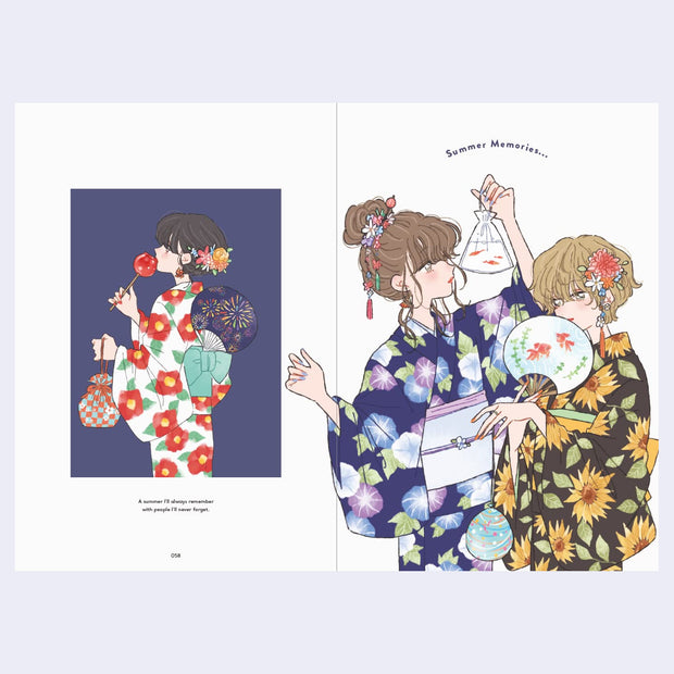 Open 2 page excerpt featuring 2 illustrations: First is of a girl in a summer kimono eating a candy apple. Second is of 2 women in patterned kimonos holding fish themed items.