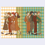 Open 2 page excerpt featuring 2 illustrations: A group of girls dressed in autumn themed outfits and a group of boys dressed in matching autumn themed outfits.