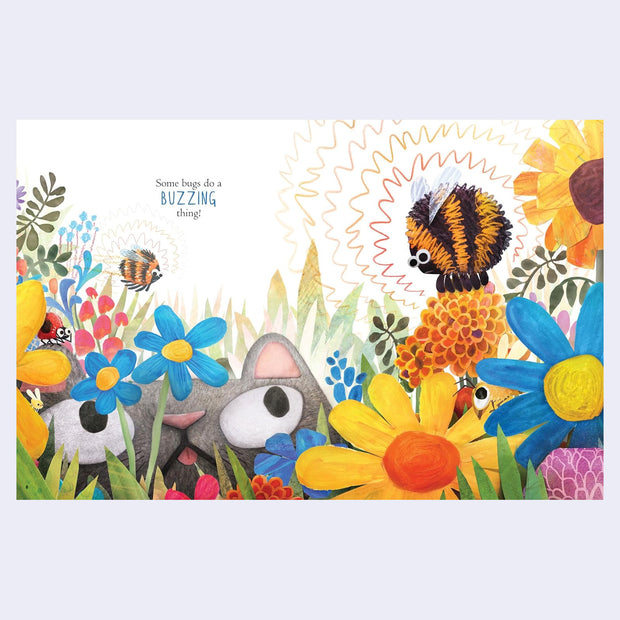 2 page excerpt, bees buzzing on flowers, illustrated in a cute manner with stylistically large eyes.