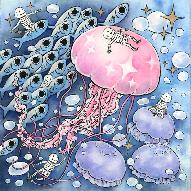Watercolor painting of a large pink jellyfish, with 3 smaller purple jellyfish to its right and a school of sardine like fish to its left. Small cartoon skeletons interact with the scene, swimming nearby or resting atop the jellyfish.