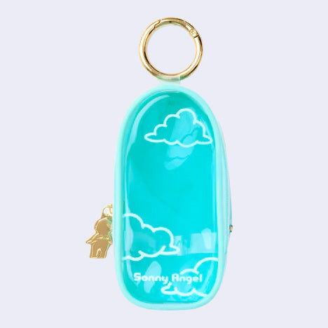 Blue clear colored oval shaped pouch attached to a keychain, with gold keychain hardware and a small golden Sonny Angel on the side. White line doodles decorate the exterior.