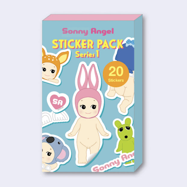 Sonny Angel sticker pack with colorful illustrations on a blue background