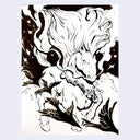 Black and white illustration of a mythical creature with flowing hair and wings on a light purple background.