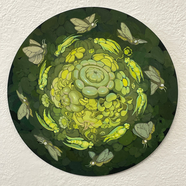 Green and yellow vibrant painting on circular panel of a plant like cluster, with abstract flowery bulges. Circling around it are winged bugs, the inner circle with their wings pulled into their body and the other circle consisting of more moth like bugs.