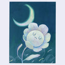 Painting of an anthropomorphized blue flower, swaying in the wind against a teal blue night sky with a glowing crescent moon.