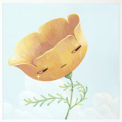 Painting of an anthropomorphized poppy flower with a sly expression, it has a single star shaped tear out of one of its eyes.
