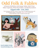 Promotional poster for 'Odd Folk & Fables' art exhibition with images of artwork and event details.