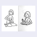 Open book spread of 2 pages, both featuring a simple line art illustration of women sitting and eating or serving food.