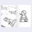Open book spread of 2 pages, both featuring a simple line art illustration of women sitting and eating or serving food.