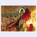 2 page illustrated book spread of a samurai standing in front of a very ornate mural with gold detailing.