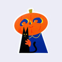 A die-cut sticker featuring a whimsical illustration of a large orange jack-o'-lantern head with blue and yellow eyes, smiling and holding a black cat in a blue dress against a light gray background.
