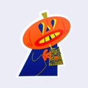 A die-cut sticker featuring a stylized cartoon pumpkin head with blue and yellow eyes, holding a small green and yellow object, on a light gray background.