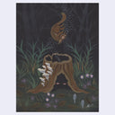 Artwork of a tree trunk, with an illuminated pair of eyes within it. Mushrooms grow on the side of it and a chipmunk levitates out from the trunk, upside down.