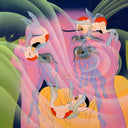 Painting of a pink character holding her head in her hands and crying, with koi fish angels flying around.