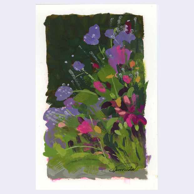 Plein air painting of a group of purple and pink flowers among greenery. 