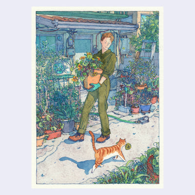 Finely detailed ink and watercolor illustration of a person holding a large terracotta pot of flowers, walking on the sidewalk next to a house surrounded by many potted plants. A striped orange cat walks by, with a flower in its mouth.