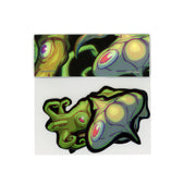 Sticker pack of 4 stylized illustrations of green squids with black outlines.