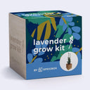 Box for "lavender grow kit" with a blue and yellow floral patterning on the packaging and a small picture of lavender growing out of a wooden cube planter.