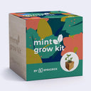 A square product box for the mint grow kit by Sprigbox, featuring a colorful abstract leaf pattern on the front and a light wood-grain side panel with the product name printed on it.