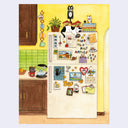 Illustration of a kitchen with a refrigerator covered in magnets and notes. Laying atop the fridge is a sleeping cat, amongst cookbooks, a planter and containers.