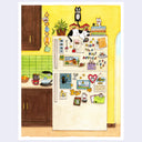 Illustration of a kitchen with a refrigerator covered in magnets and notes. Laying atop the fridge is a sleeping cat, amongst cookbooks, a planter and containers.