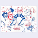 Screenprint in blue and red ink of many different drawings compiled together like a collage. Drawings range in subject matter: stairs, pixel animals, cartoon animals and fruits, various sparkles.