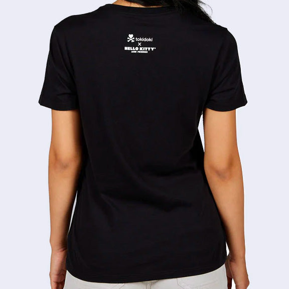 Back view of black t-shirt, with small text on the upper center that reads "tokidoki x Hello Kitty and Friends"