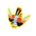 Die cut sticker of a colorful illustrated bird.