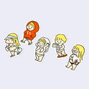 Set of 5 cartoon-style character stickers of small blonde girls doing various tasks, walking while doing them.