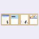 A set of four illustrated sticky note sheets, arranged in a row on brown cardstock, showing a black cat in different scenes against a pale gray background.