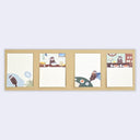 4 different designs of sticky notes, featuring whimsical illustrations of a small brown animal in different scenes on an off-white background.