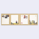 A set of four differently sticky notes, featuring whimsical illustrations of a red panda in a library, a red panda and a piano, a small house with a bird, and a red panda reading.