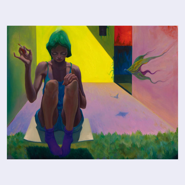 Finely rendered oil painting of a girl sitting on a floating surface that looks like a piece of paper. She has green hair and looks down, smoking a cigarette. Behind her is an outside patio without any furniture. A bright streak of light is behind her lighting up a yellow wall.