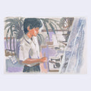 Painting based on a film still from Still the Water of a man standing at a stovetop, cooking while holding a pair of chopsticks.