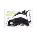 A stylized drawing of a skunk on a white rectangular paper, with black and white body markings, a yellow-green eye, and pale yellow abstract shapes in the background. The card is photographed against a white backdrop.