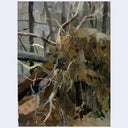 An impressionistic painting of a dense, tangled mass of branches and dried foliage in earthy browns, grays, and beige tones, with a muted forest background.