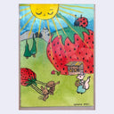 A colorful artwork showing a large red strawberry, a smiling yellow sun, green hills, a ladybug, and small animals, presented against a light gray background.