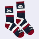 Pair of socks with navy, light gray and maroon coloring.