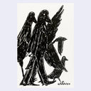 A black ink illustration of several crows walking on a white rectangular piece of paper, centered against a light lavender-gray background.