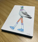 Illustration of a pigeon with human legs, wearing a blue cap, gray shirt, and blue shoes on a white background.