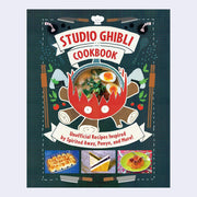 Studio Ghibli Cookbook cover, dark green plaid pattern with illustrations and photos of kitchen wares and various Japanese food.