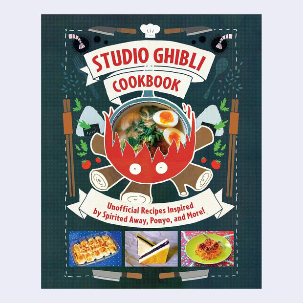 Studio Ghibli Cookbook cover, dark green plaid pattern with illustrations and photos of kitchen wares and various Japanese food.