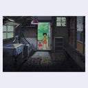 Postcard example, featuring a movie still from My Neighbor Totoro of Mei and Satsuki standing in a doorway shocked and looking into a dark room full of dust sprites.