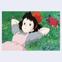 Postcard example, featuring a movie still from Kiki's Delivery Service of Kiki lounging in a grassy field with her arms behind her head and listening to a red portable radio.
