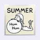 Square sticker of a cartoon girl laying and resting her body on a ball that has text that reads "hum hum". Over head is text that reads "Summer"
