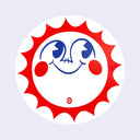 A circular refrigerator magnet featuring a stylized cartoon sun face with a red outer ring, blue eyes and smile, and red cheeks on a white background.